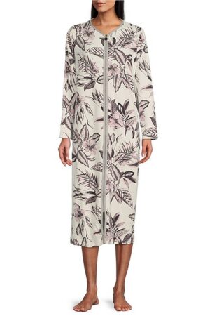 Miss Elaine Long Sleeve French Terry Zip Gown - Feather Print (Style: 869042)