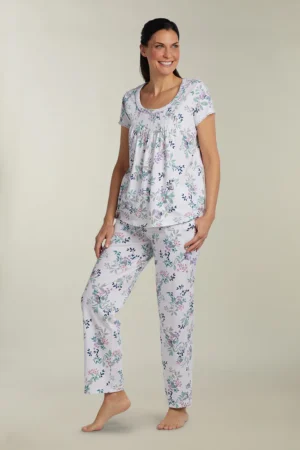 Miss Elaine 100% Cotton Knit Pyjama Set - White Summer (Style: 419812)