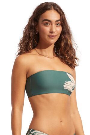 Seafolly Fleur De Bloom Tube Bandeau Bikini With Loop Tie Side Pant - Evergreen 01